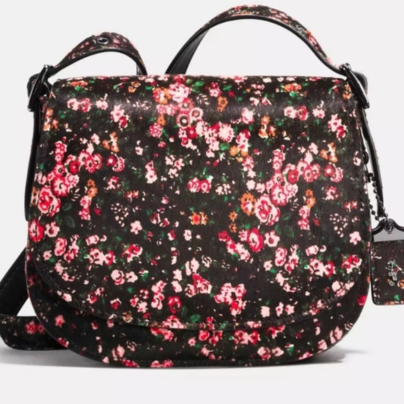 COACH Saddle 23 Cowhide $895 Floral Gunmetal Black Pink Leather CALF HAIR Auth - Picture 3 of 6